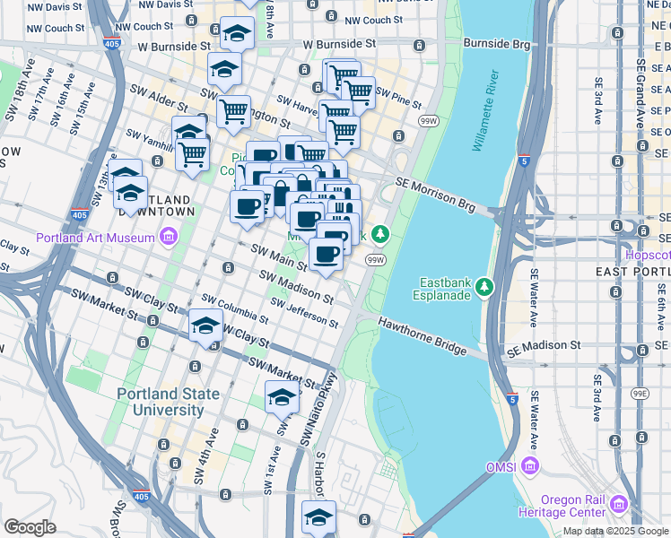 map of restaurants, bars, coffee shops, grocery stores, and more near 101 Southwest Main Street in Portland