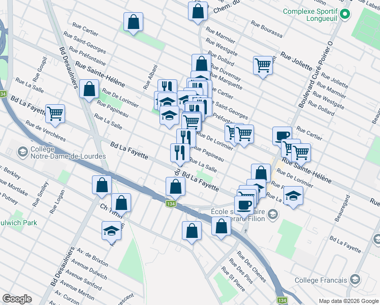 map of restaurants, bars, coffee shops, grocery stores, and more near 1226 Chemin du Coteau-Rouge in Longueuil