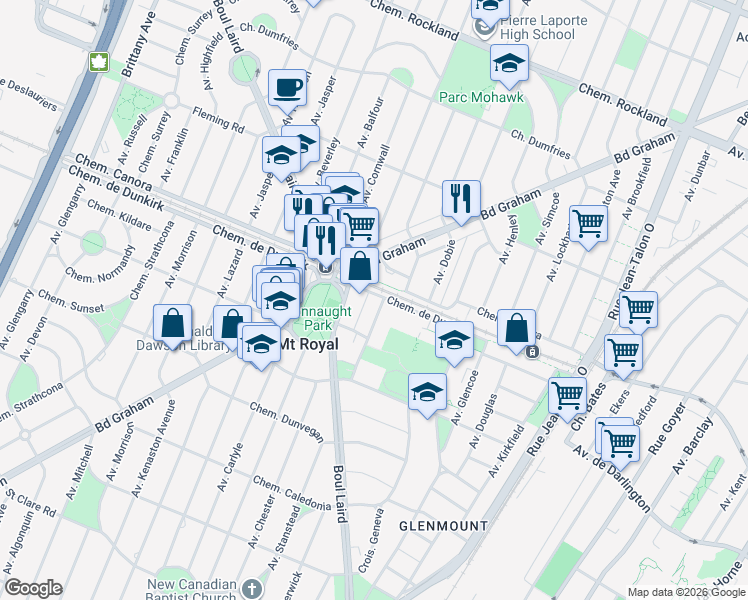 map of restaurants, bars, coffee shops, grocery stores, and more near 7 Avenue Roosevelt in Mont-Royal