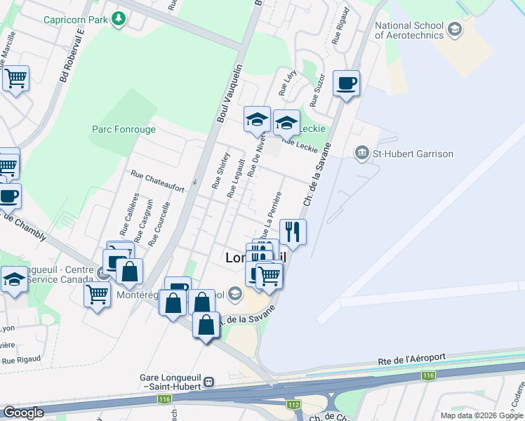 map of restaurants, bars, coffee shops, grocery stores, and more near 4510 Rue La Perrière in Longueuil