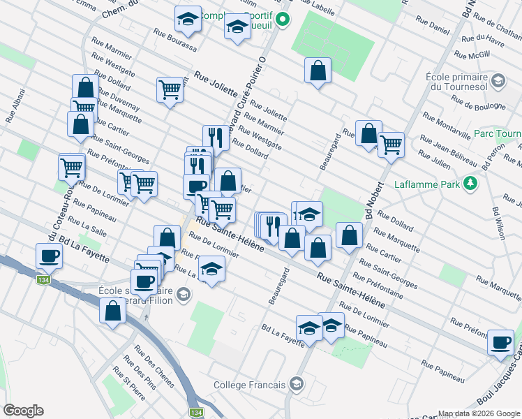 map of restaurants, bars, coffee shops, grocery stores, and more near 2059 Rue Saint-Georges in Longueuil