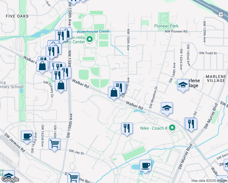 map of restaurants, bars, coffee shops, grocery stores, and more near 15203 Southwest Walker Road in Beaverton