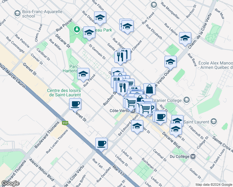 map of restaurants, bars, coffee shops, grocery stores, and more near 1190 Rue Décarie in Montréal