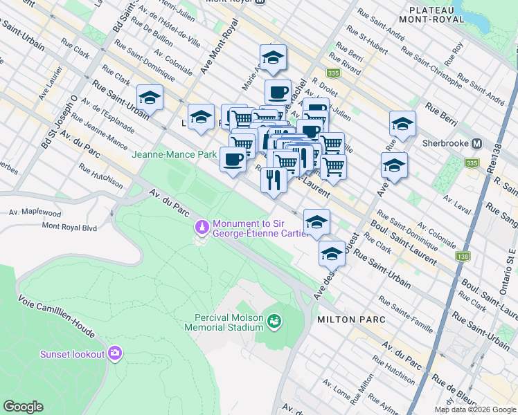 map of restaurants, bars, coffee shops, grocery stores, and more near 4091 Avenue de l'Esplanade in Montréal
