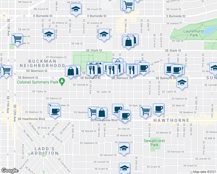 map of restaurants, bars, coffee shops, grocery stores, and more near 2508 Southeast Yamhill Street in Portland