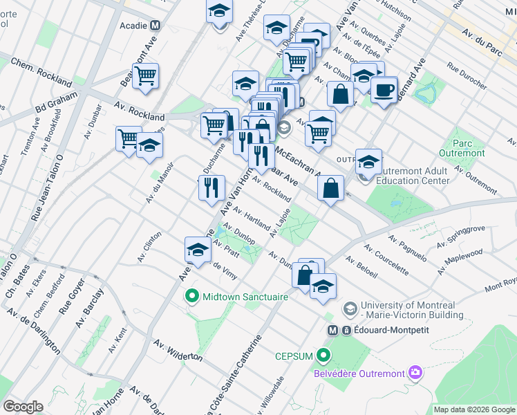 map of restaurants, bars, coffee shops, grocery stores, and more near 754 Avenue Antonine-Maillet in Montreal