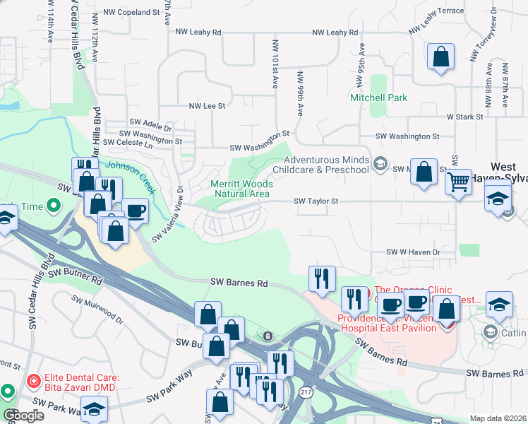 map of restaurants, bars, coffee shops, grocery stores, and more near 10102 Southwest Windwood Way in Portland