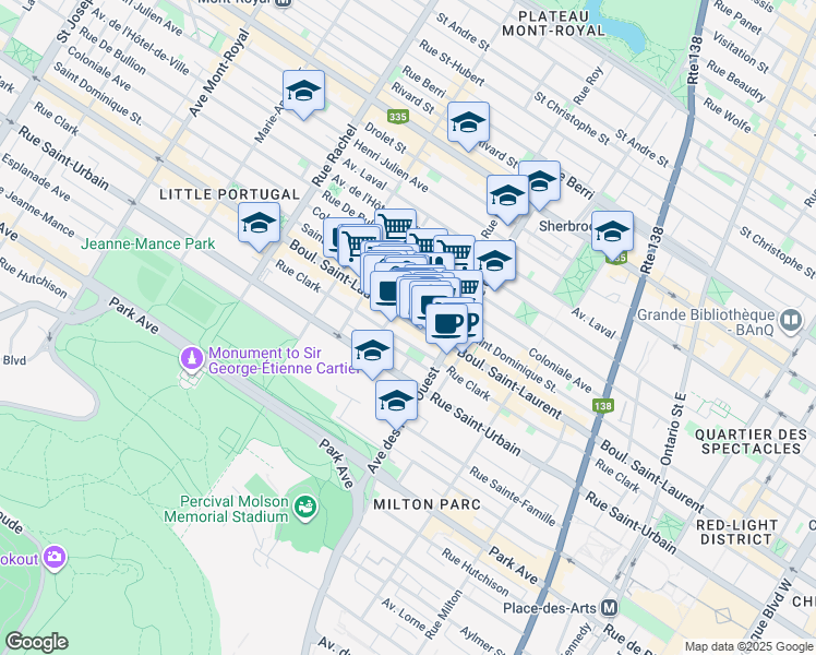 map of restaurants, bars, coffee shops, grocery stores, and more near 3822 Boulevard Saint-Laurent in Montréal
