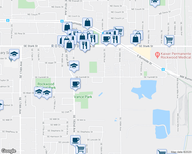 map of restaurants, bars, coffee shops, grocery stores, and more near 18531 Southeast Yamhill Street in Portland