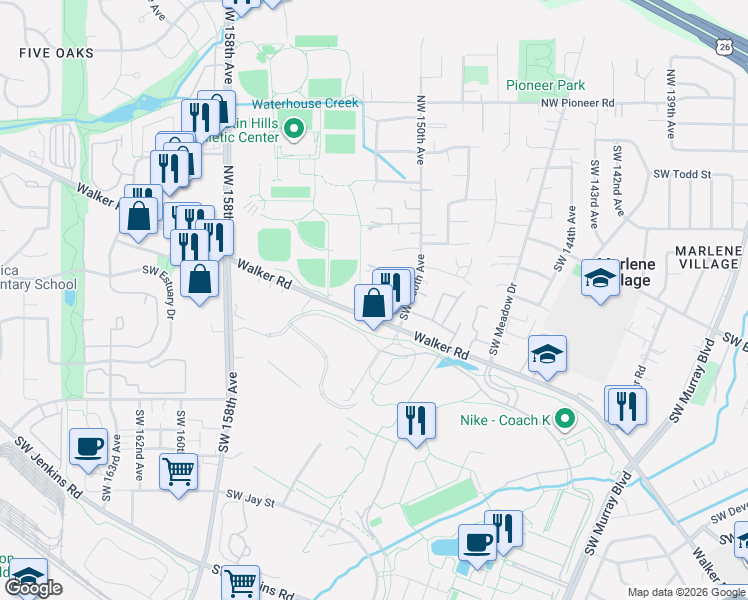map of restaurants, bars, coffee shops, grocery stores, and more near 15195 Southwest Walker Road in Beaverton
