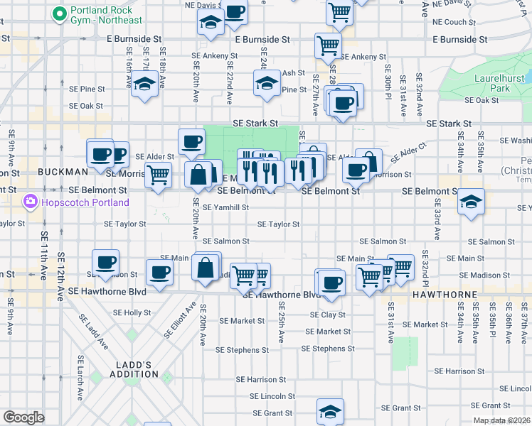 map of restaurants, bars, coffee shops, grocery stores, and more near 2406 Southeast Yamhill Street in Portland