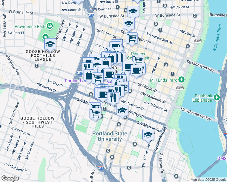 map of restaurants, bars, coffee shops, grocery stores, and more near 1310 Southwest Park Avenue in Portland