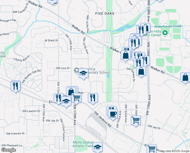map of restaurants, bars, coffee shops, grocery stores, and more near 575 Southwest 166th Avenue in Beaverton