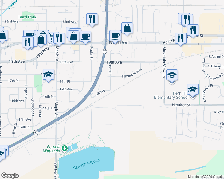 map of restaurants, bars, coffee shops, grocery stores, and more near 1710 Fir Road in Forest Grove