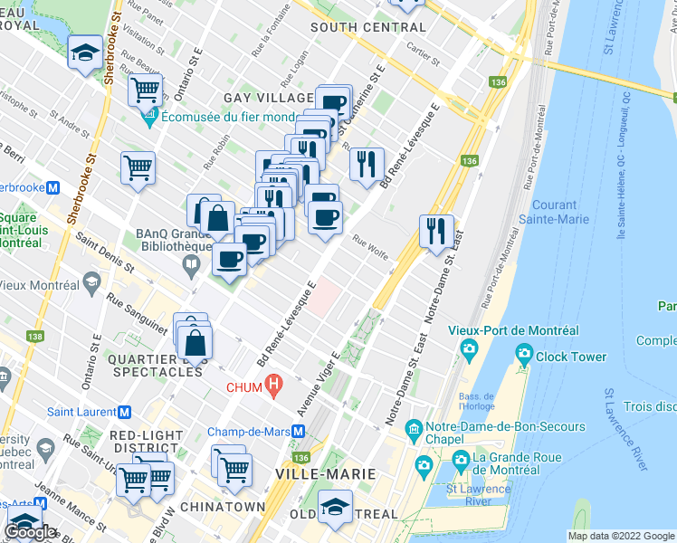 map of restaurants, bars, coffee shops, grocery stores, and more near 1080 Rue Saint-Timothée in Montréal