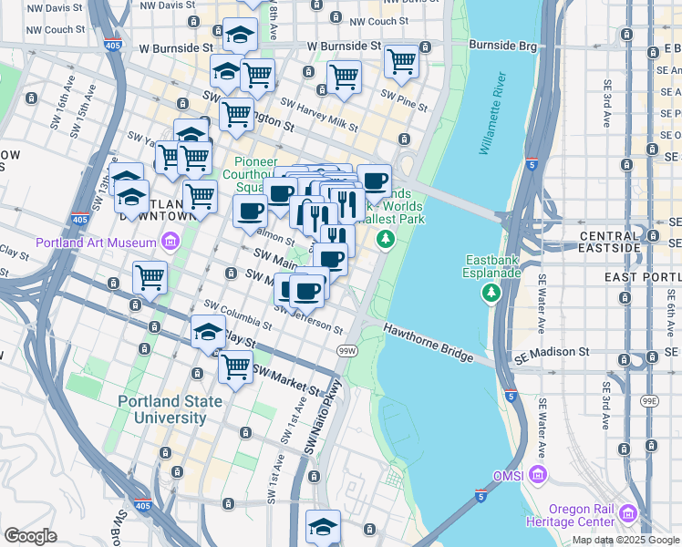 map of restaurants, bars, coffee shops, grocery stores, and more near 101 Southwest Main Street in Portland