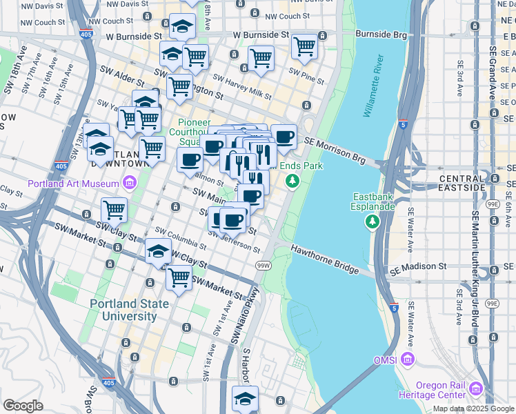 map of restaurants, bars, coffee shops, grocery stores, and more near 101 Southwest Main Street in Portland