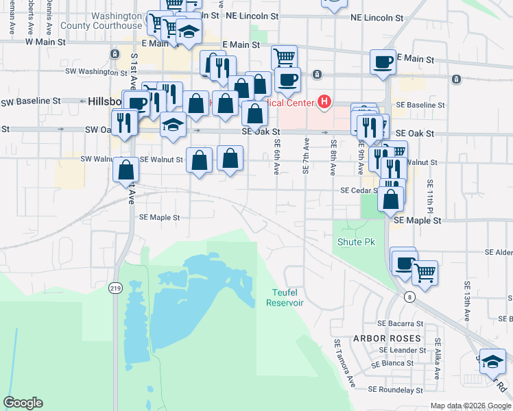 map of restaurants, bars, coffee shops, grocery stores, and more near 540 Southeast Cedar Street in Hillsboro