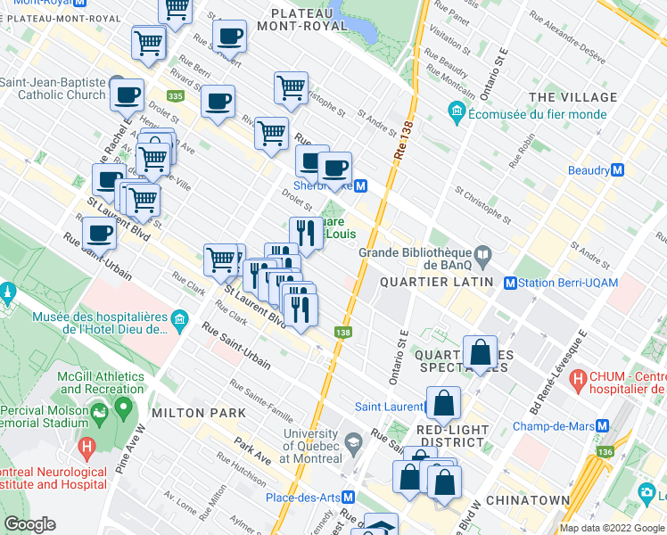 map of restaurants, bars, coffee shops, grocery stores, and more near 3452 Avenue Laval in Montréal