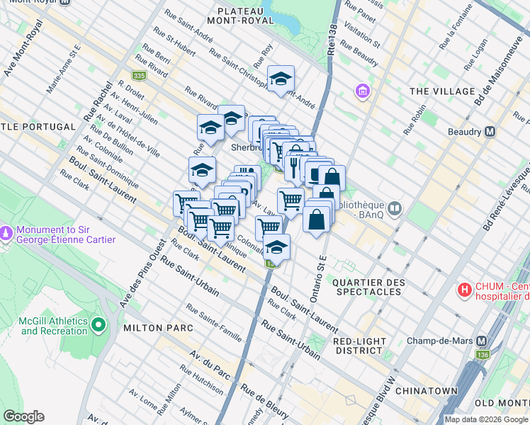 map of restaurants, bars, coffee shops, grocery stores, and more near 3454 Avenue Laval in Montréal