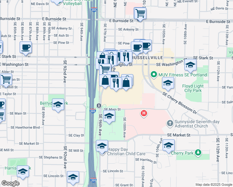 map of restaurants, bars, coffee shops, grocery stores, and more near 9800 Southeast Washington Street in Portland