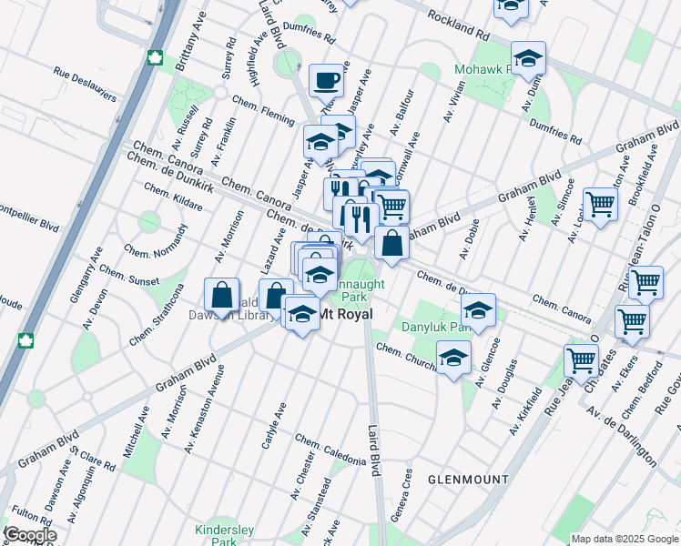 map of restaurants, bars, coffee shops, grocery stores, and more near 1649 Graham Blvd in Mount Royal