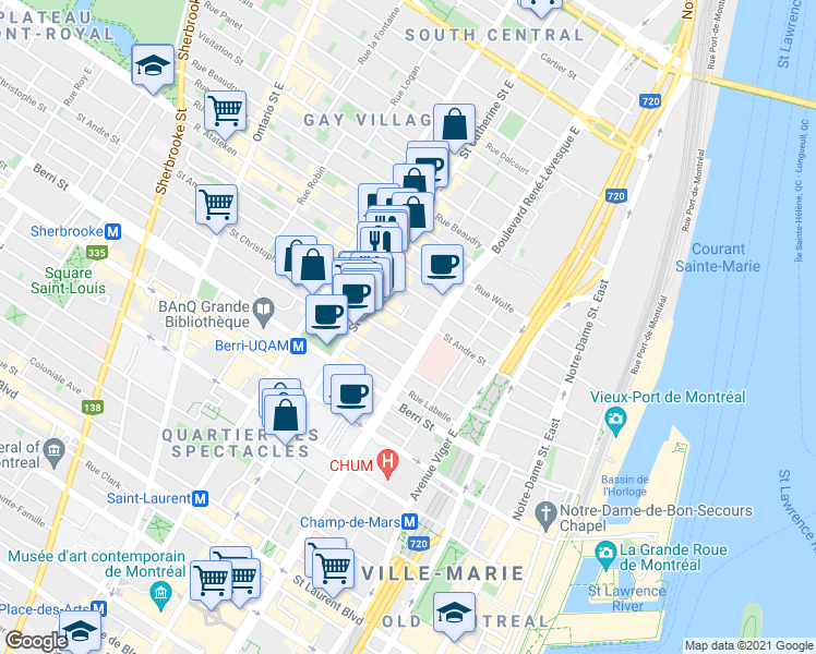 map of restaurants, bars, coffee shops, grocery stores, and more near 1208 Rue Saint-André in Montréal