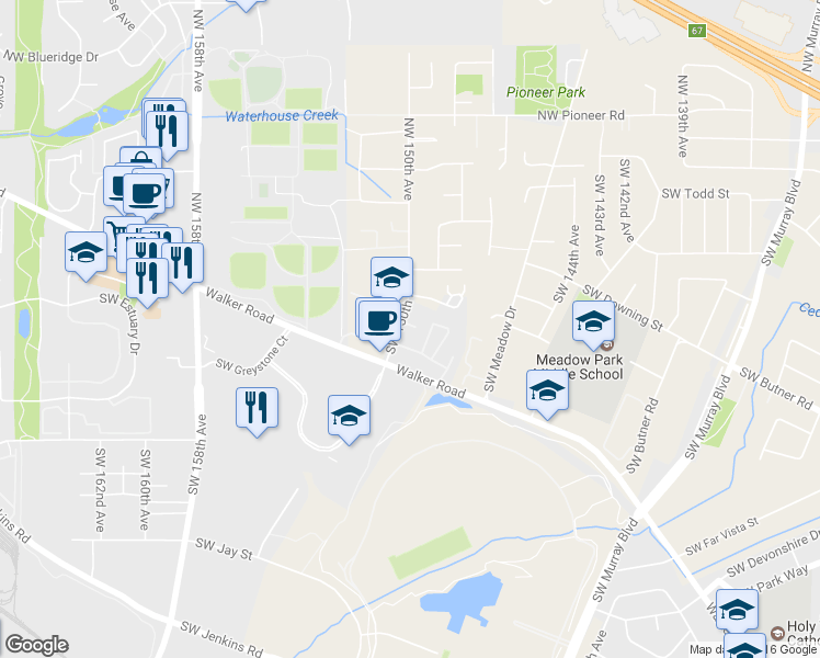 map of restaurants, bars, coffee shops, grocery stores, and more near 525 Southwest 150th Avenue in Beaverton