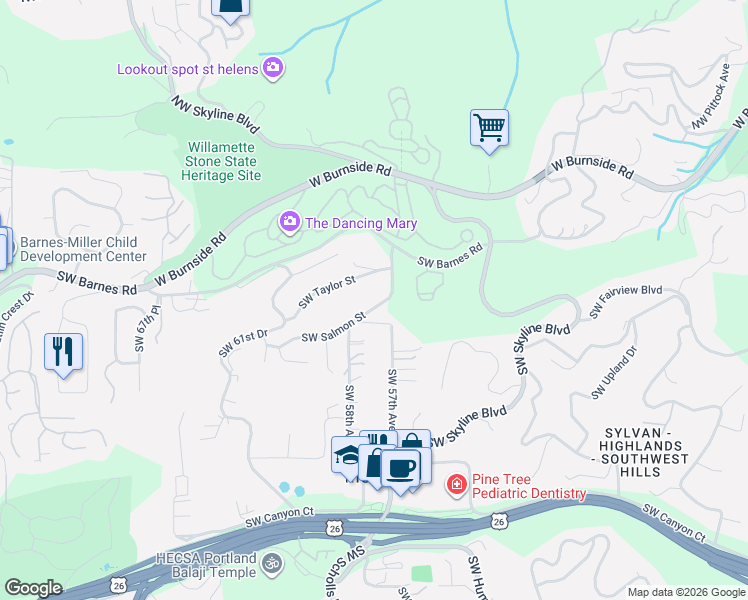 map of restaurants, bars, coffee shops, grocery stores, and more near 5733 Southwest Salmon Street in Portland