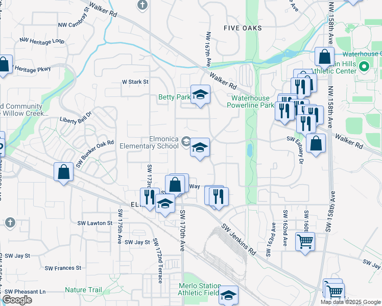 map of restaurants, bars, coffee shops, grocery stores, and more near 16950 Southwest Lisa Court in Beaverton