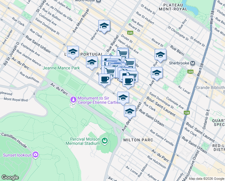 map of restaurants, bars, coffee shops, grocery stores, and more near 3953 Rue Saint-Urbain in Montréal