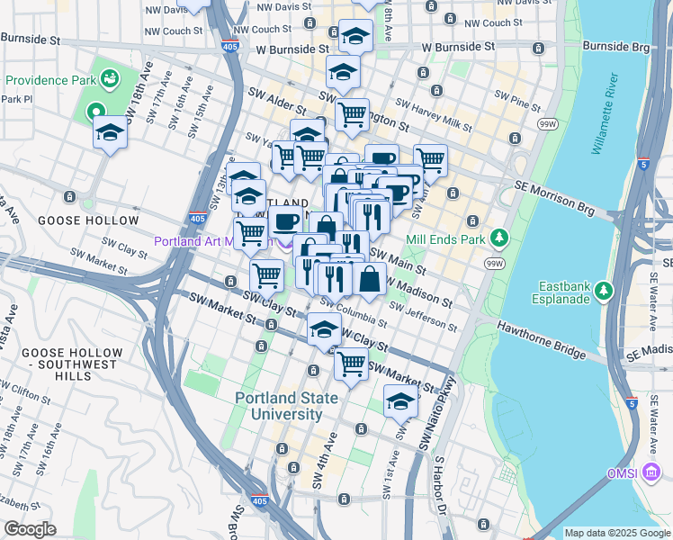 map of restaurants, bars, coffee shops, grocery stores, and more near in Portland