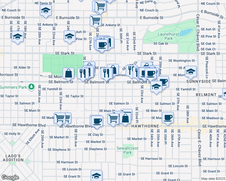 map of restaurants, bars, coffee shops, grocery stores, and more near in Portland