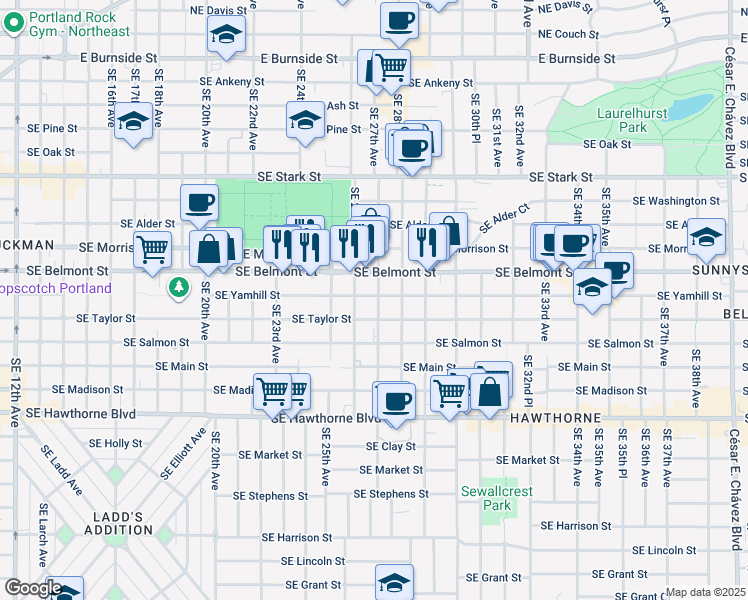 map of restaurants, bars, coffee shops, grocery stores, and more near 921-925 Southeast 27th Avenue in Portland