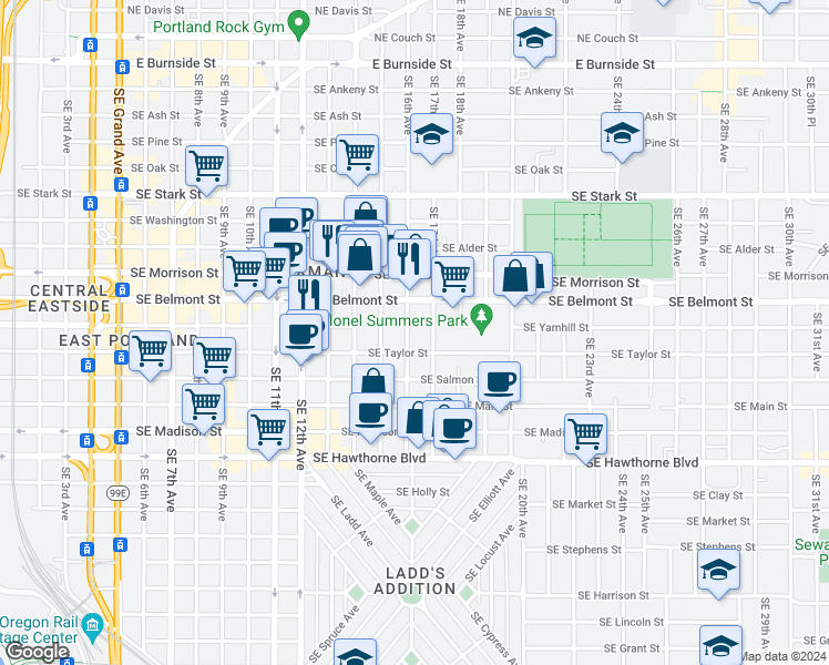 map of restaurants, bars, coffee shops, grocery stores, and more near 1611 Southeast Belmont Street in Portland