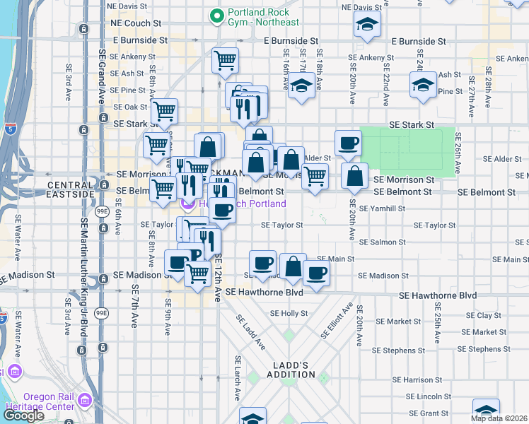 map of restaurants, bars, coffee shops, grocery stores, and more near 934 Southeast 15th Avenue in Portland