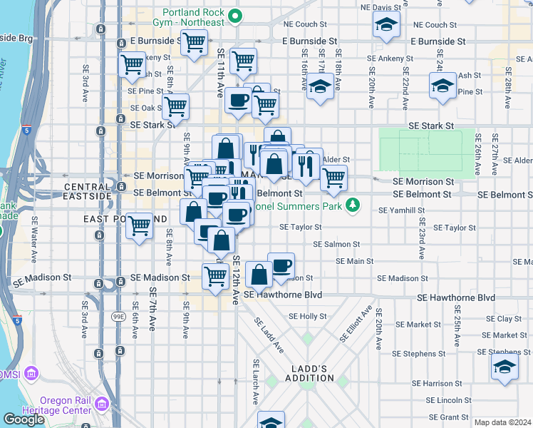 map of restaurants, bars, coffee shops, grocery stores, and more near 1325 Southeast Yamhill Street in Portland