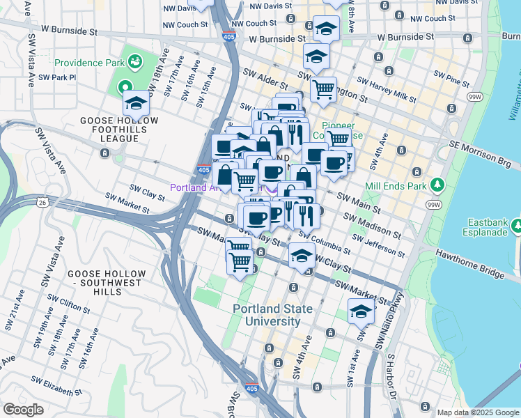 map of restaurants, bars, coffee shops, grocery stores, and more near in Portland