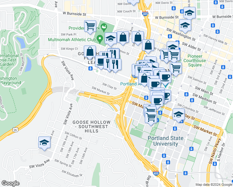 map of restaurants, bars, coffee shops, grocery stores, and more near 1425 Southwest Clay Street in Portland