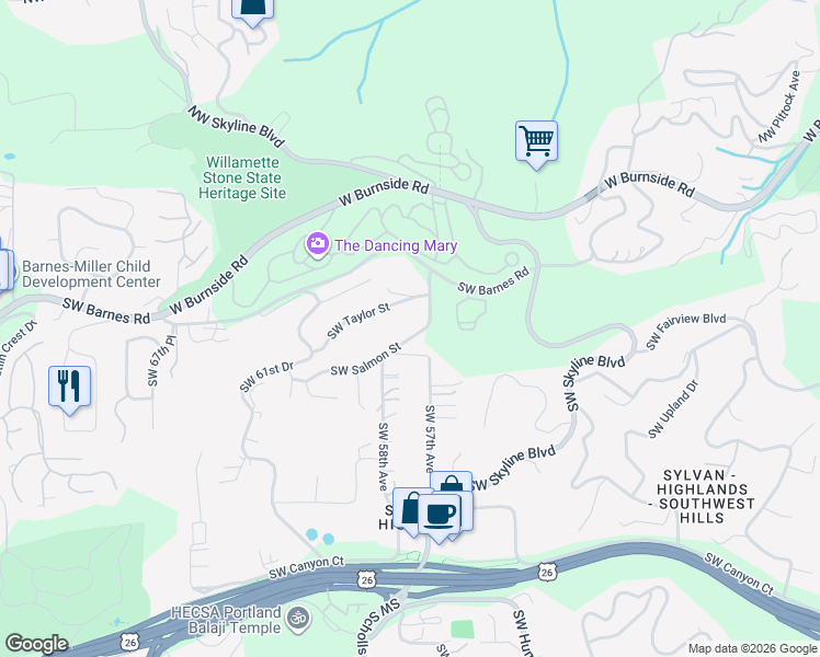 map of restaurants, bars, coffee shops, grocery stores, and more near 5754 Southwest Taylor Street in Portland