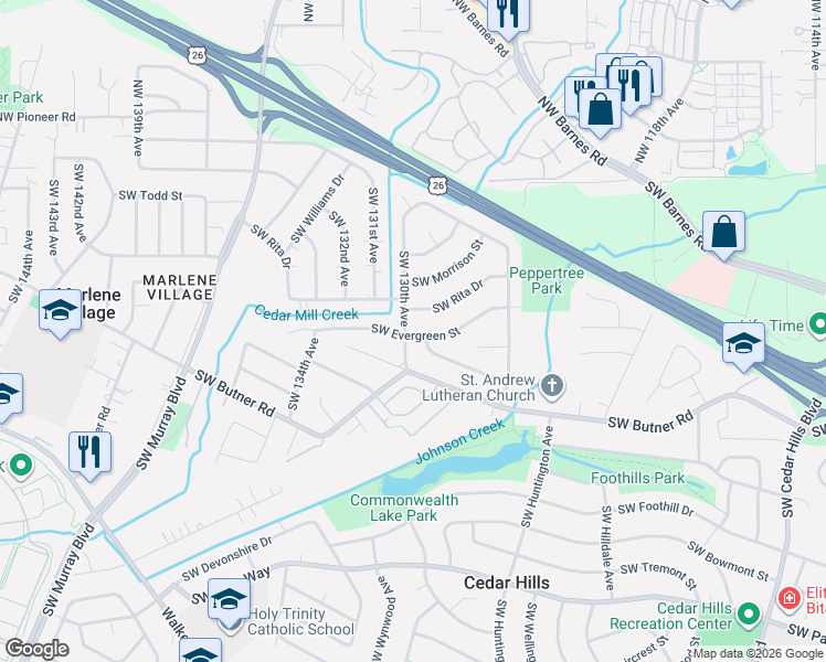 map of restaurants, bars, coffee shops, grocery stores, and more near 12940 Southwest Rita Drive in Beaverton