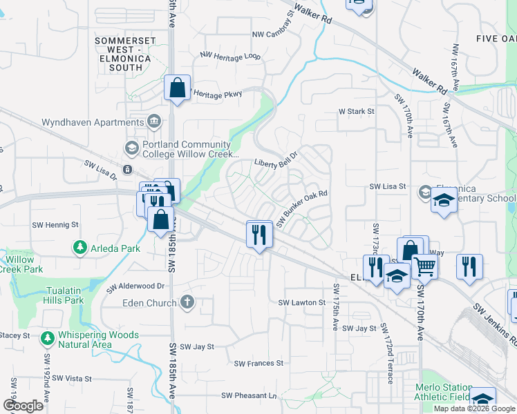 map of restaurants, bars, coffee shops, grocery stores, and more near 627 Southwest Philadelphia Way in Beaverton