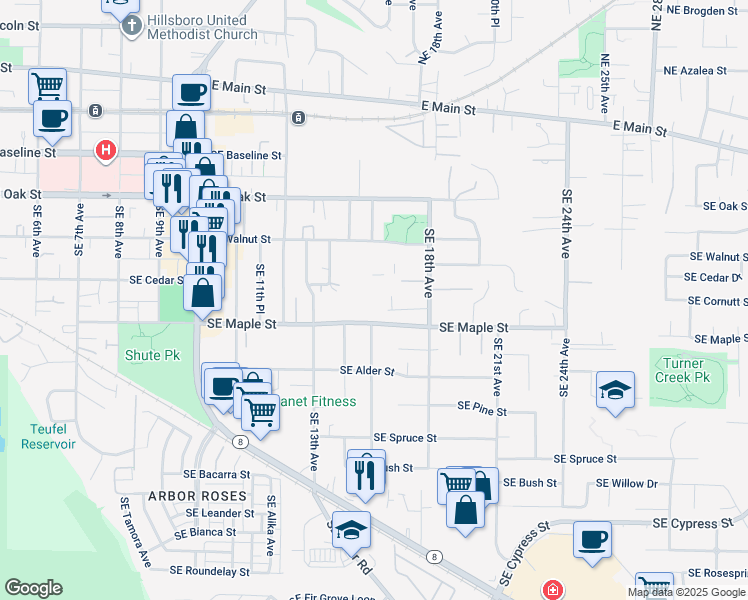 map of restaurants, bars, coffee shops, grocery stores, and more near 1535 Southeast Maple Street in Hillsboro