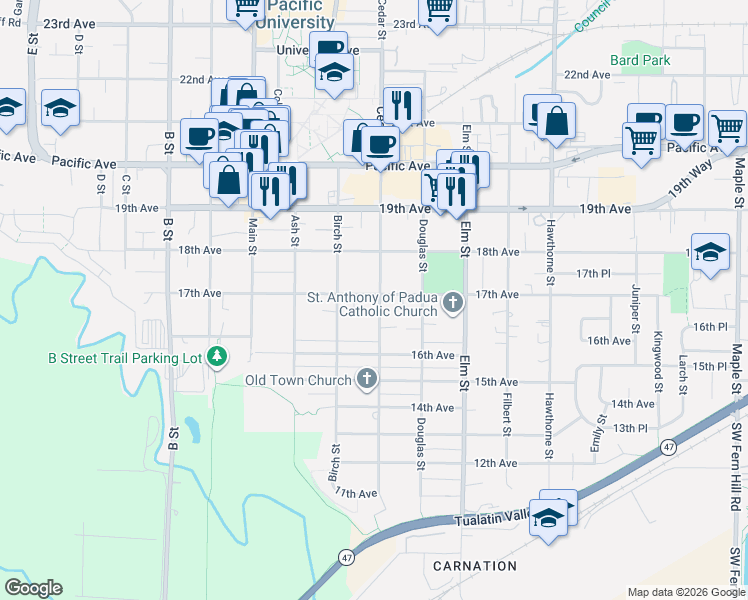 map of restaurants, bars, coffee shops, grocery stores, and more near 2305 17th Avenue in Forest Grove