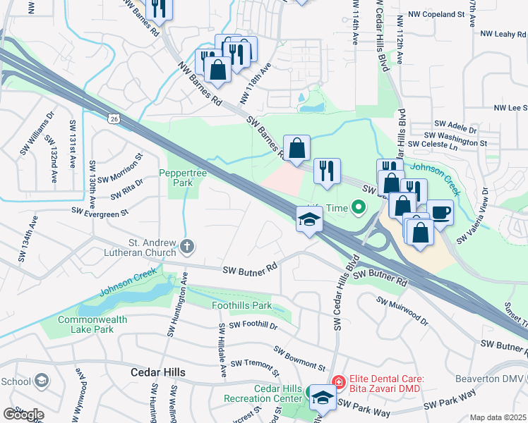 map of restaurants, bars, coffee shops, grocery stores, and more near 11905 Southwest Belvidere Place in Portland