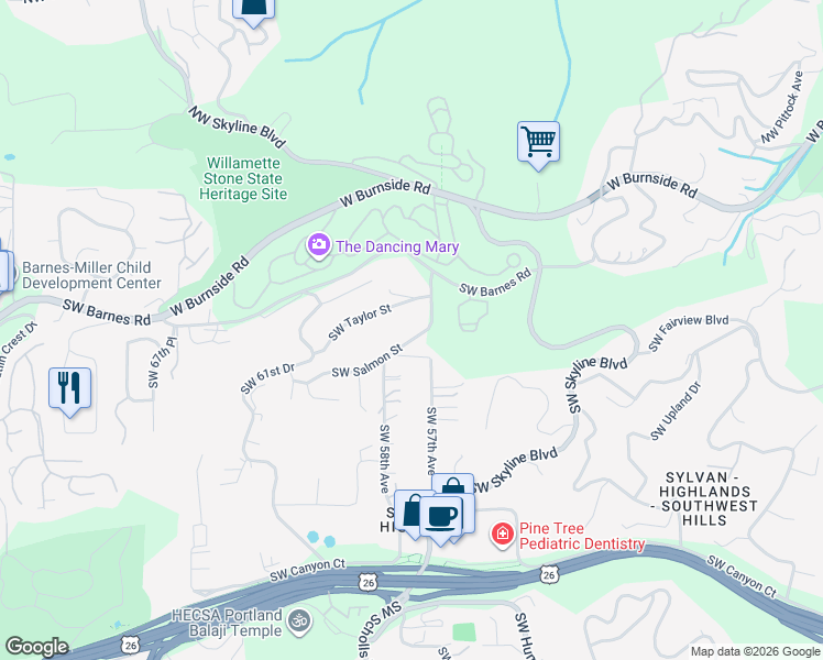 map of restaurants, bars, coffee shops, grocery stores, and more near 5754 Southwest Taylor Street in Portland