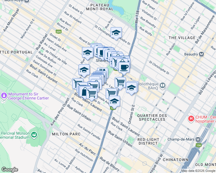 map of restaurants, bars, coffee shops, grocery stores, and more near 3470 Avenue Laval in Montréal