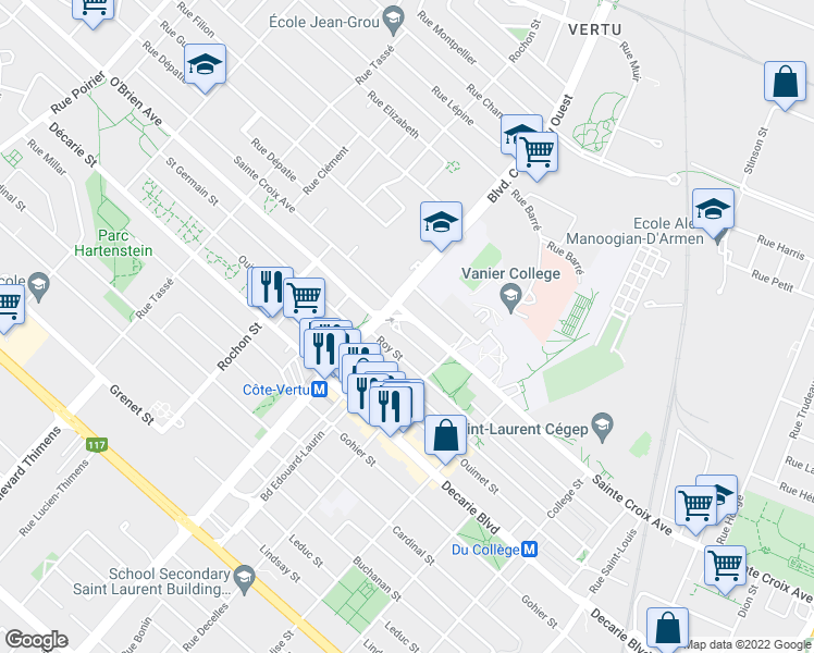 map of restaurants, bars, coffee shops, grocery stores, and more near 960 Avenue Sainte-Croix in Montréal