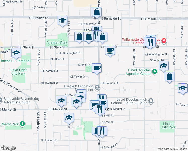 map of restaurants, bars, coffee shops, grocery stores, and more near 1021 Southeast 122nd Avenue in Portland