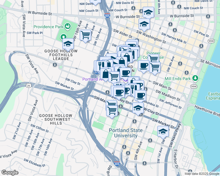 map of restaurants, bars, coffee shops, grocery stores, and more near SW Columbia St & SW 11th Ave in Portland
